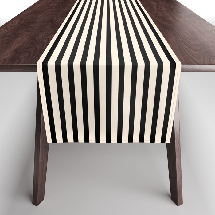 Ultra Fine Stripes Vertical Minimalist Pattern in Black and Almond Cream Table Runner Gallery Image 1
