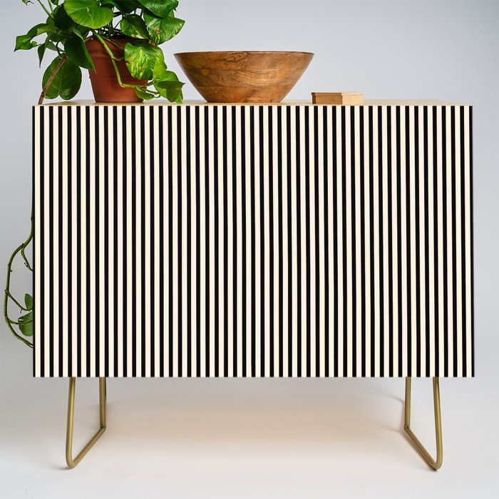 Ultra Fine Stripes Vertical Minimalist Pattern in Black and Almond Cream Credenza Gallery Image 1