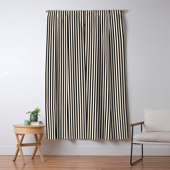 Ultra Fine Stripes Vertical Minimalist Pattern in Black and Almond Cream Window Curtain Gallery Image 5