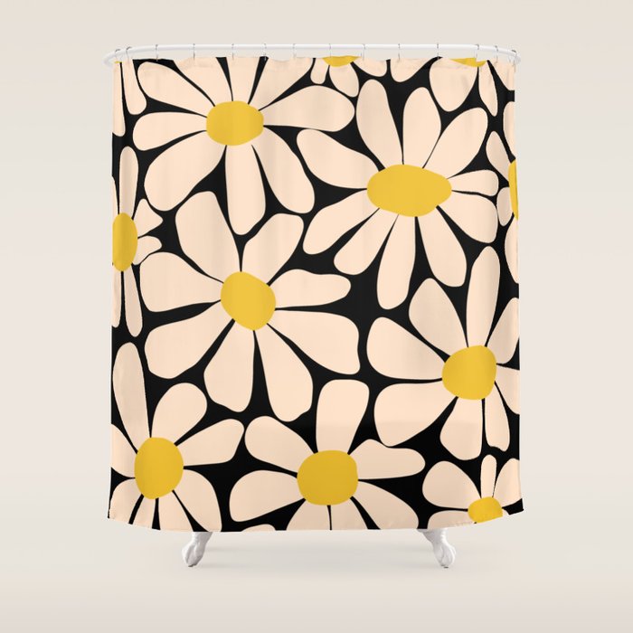 Retro Fun Floral - Off-white, Yellow and Black Shower Curtain Gallery Image 1