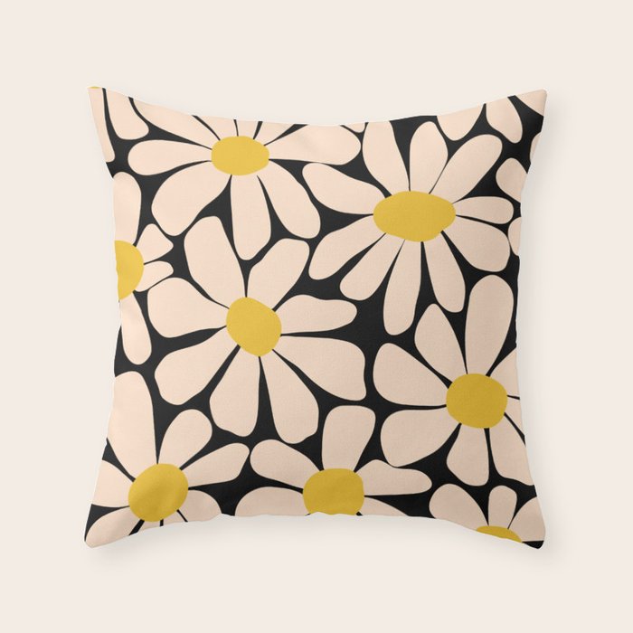 Retro Fun Floral - Off-white, Yellow and Black Throw Pillow Gallery Image 1