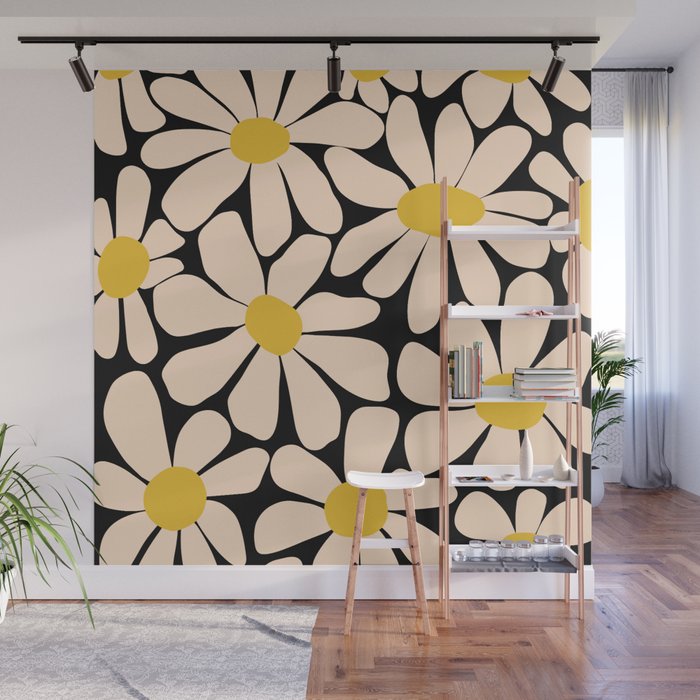 Retro Fun Floral - Off-white, Yellow and Black Wall Mural Gallery Image 1