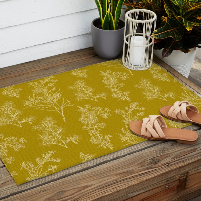 Botanical Cottage Woven Look Pattern in Olive Chartreuse Outdoor Rug Gallery Image 2