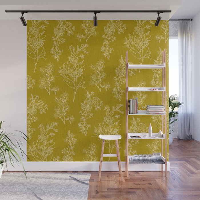 Botanical Cottage Woven Look Pattern in Olive Chartreuse Wall Mural Gallery Image 1