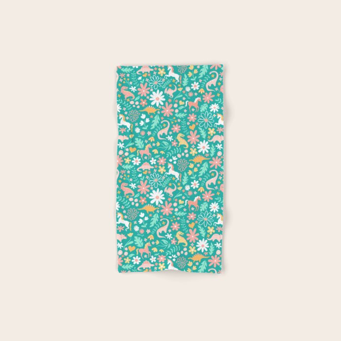 Dinosaurs + Unicorns on Teal Bath Towel Gallery Image 1