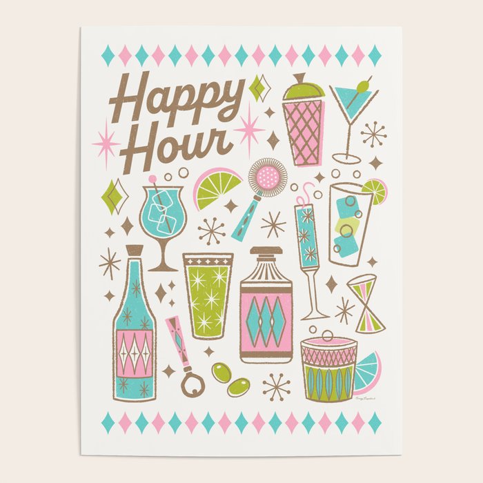 Retro Mid Century Happy Hour - Pink Green and Blue Poster Gallery Image 4