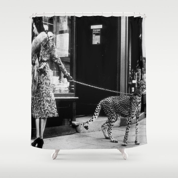 Woman Walking Pet Cheetah in London, 1939 Shower Curtain Gallery Image 1