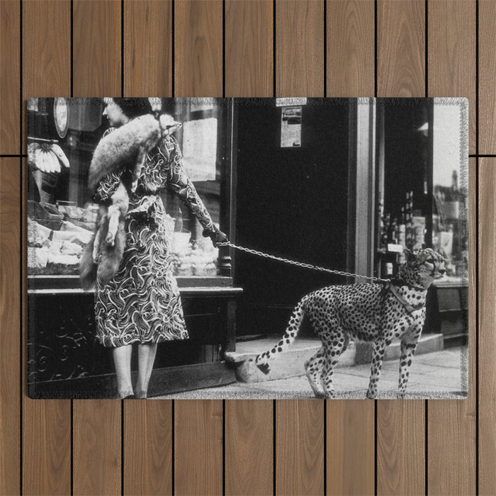 Woman Walking Pet Cheetah in London, 1939 Outdoor Rug Gallery Image 1