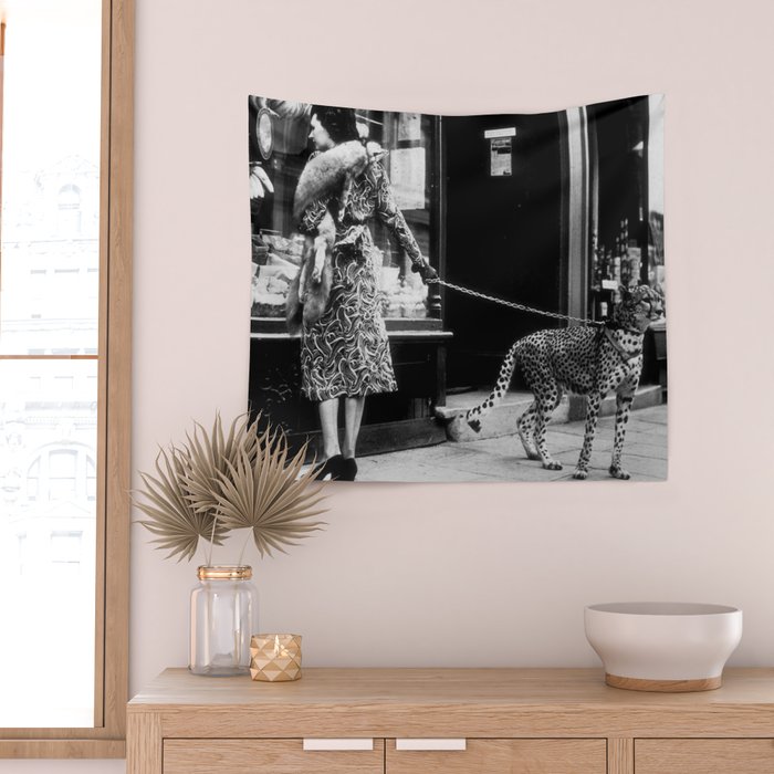Woman Walking Pet Cheetah in London, 1939 Wall Tapestry Gallery Image 2