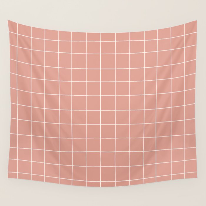 Hand Drawn Grid Pattern Peach Pink Wall Tapestry Gallery Image 1