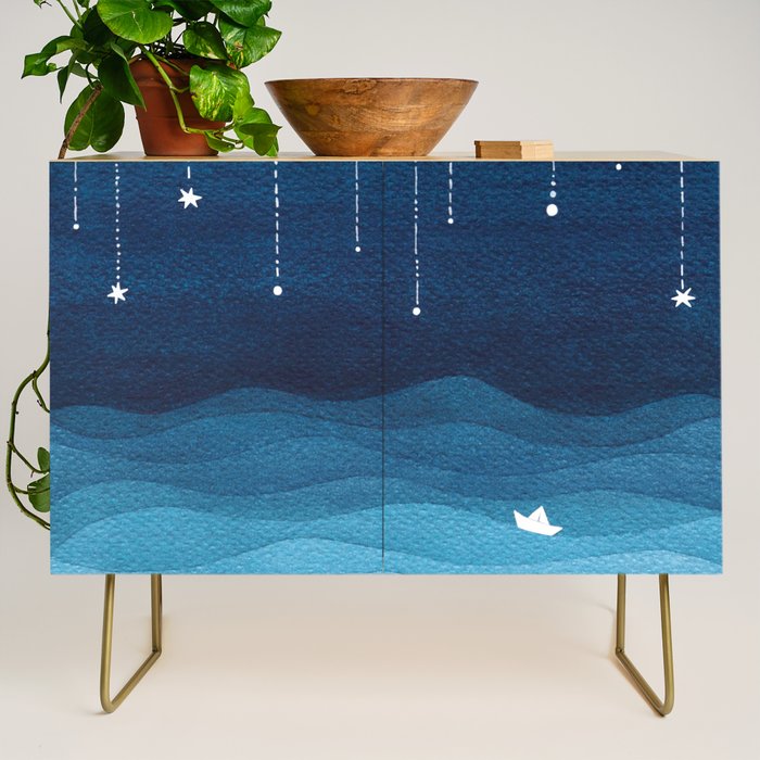 Falling stars, blue, sailboat, ocean Credenza Gallery Image 1