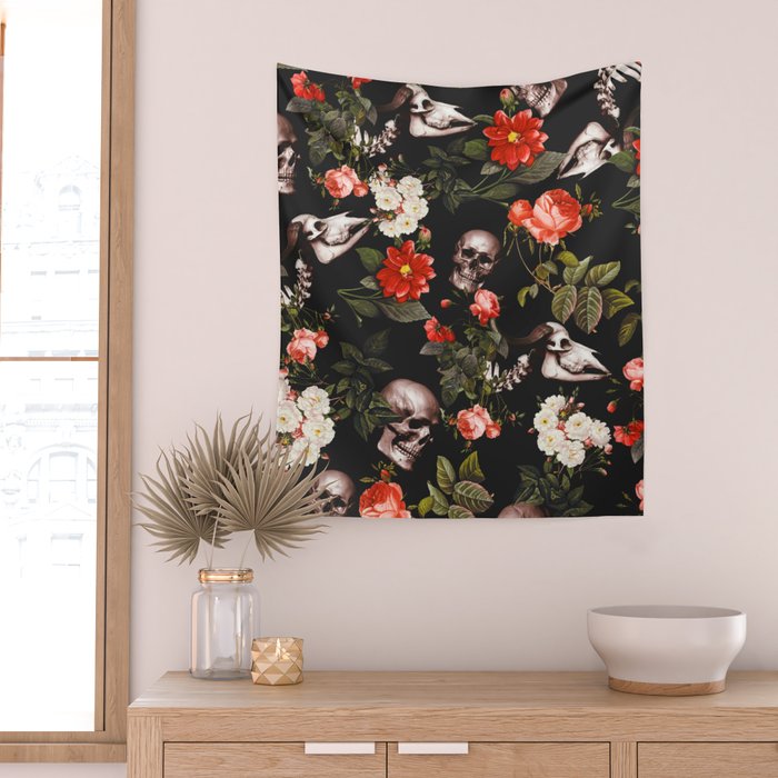 Floral and Skull Pattern Wall Tapestry Gallery Image 2