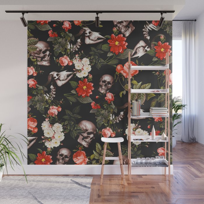 Floral and Skull Pattern Wall Mural Gallery Image 1