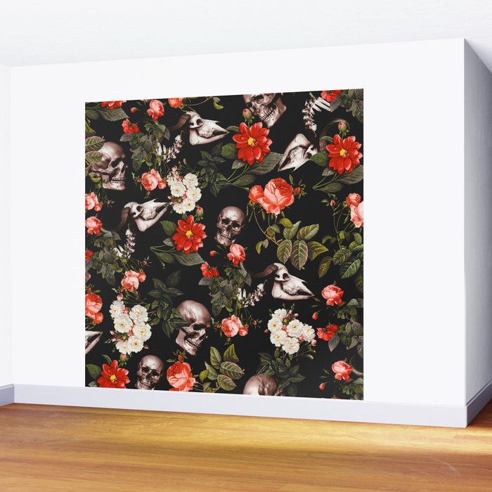 Floral and Skull Pattern Wall Mural Gallery Image 2