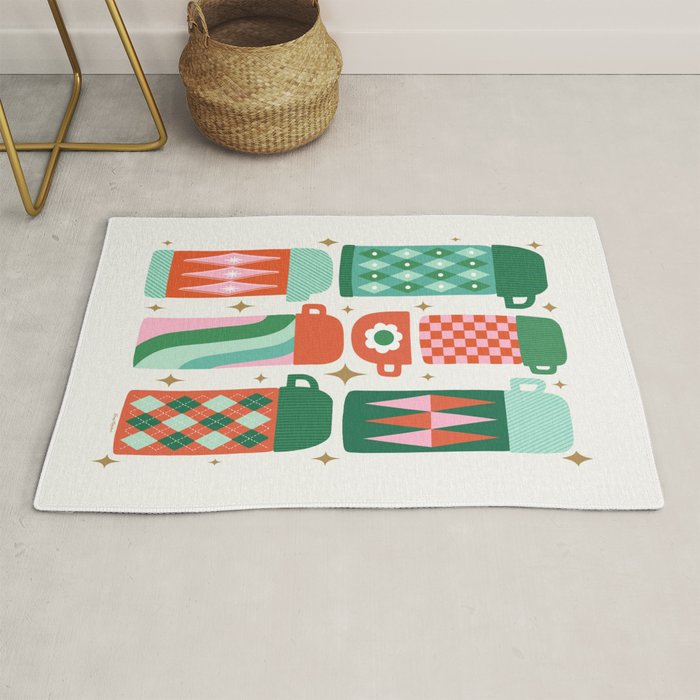 Retro Christmas Thermoses Red Pink and Green on White Rug Gallery Image 1