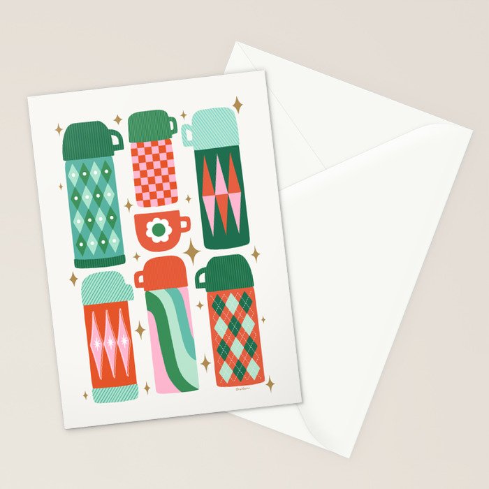 Retro Christmas Thermoses Red Pink and Green on White Stationery Card Gallery Image 2