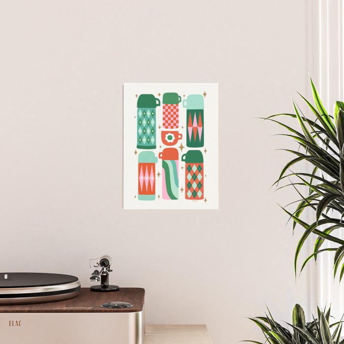 Retro Christmas Thermoses Red Pink and Green on White Poster Gallery Image 2