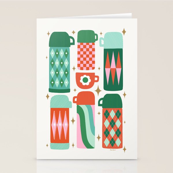 Retro Christmas Thermoses Red Pink and Green on White Stationery Card Gallery Image 2