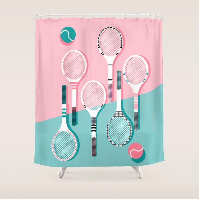 Got Served - tennis country club sports athlete retro throwback memphis 1980s style neon palm spring Shower Curtain Gallery Image 1
