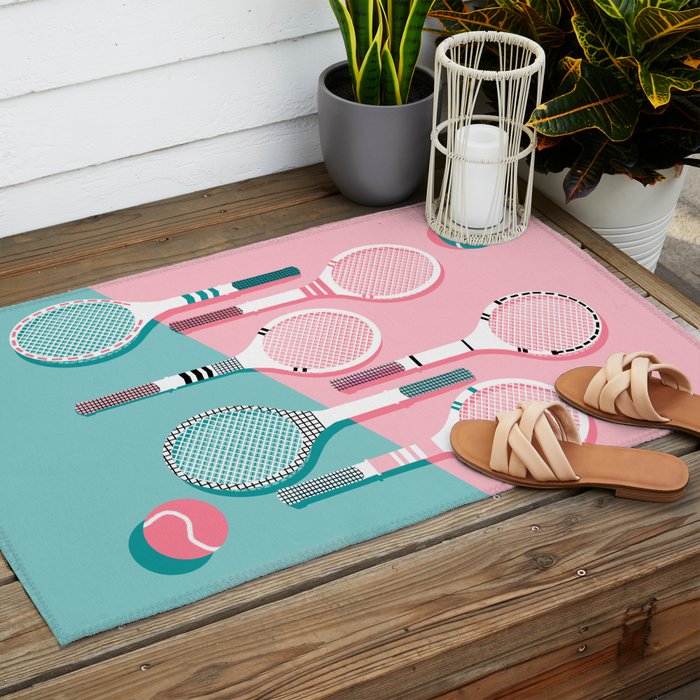 Got Served - tennis country club sports athlete retro throwback memphis 1980s style neon palm spring Outdoor Rug Gallery Image 2