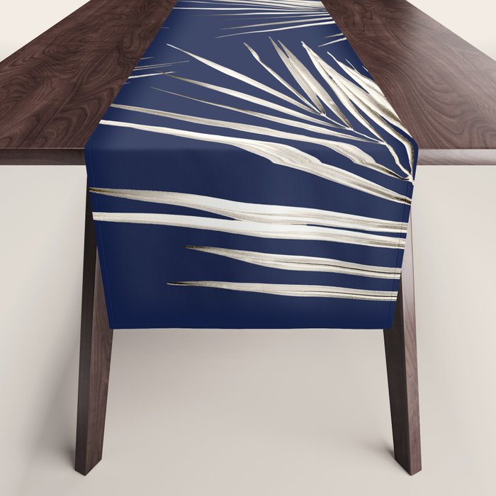 White Gold Palm Leaves on Navy Blue Table Runner Gallery Image 1