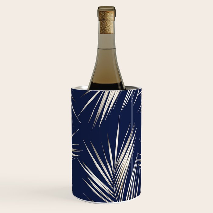 White Gold Palm Leaves on Navy Blue Wine Chiller Gallery Image 1