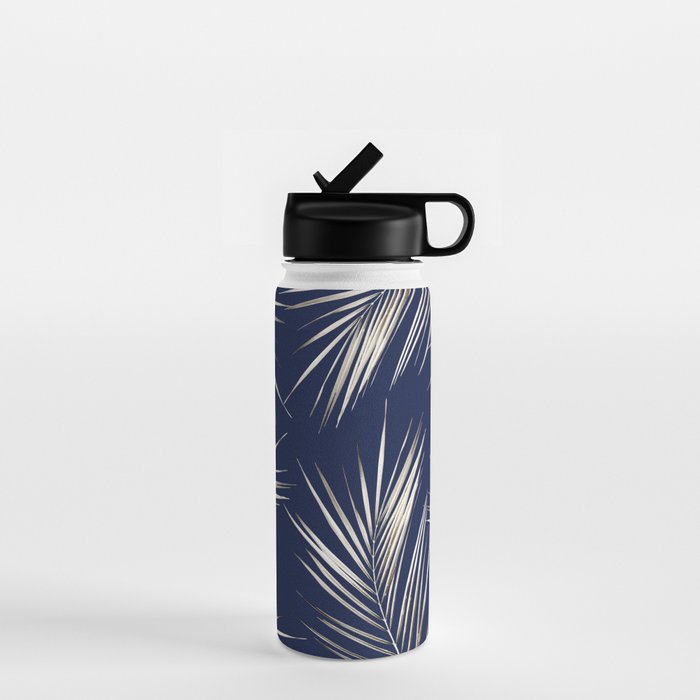 White Gold Palm Leaves on Navy Blue Water Bottle Gallery Image 1