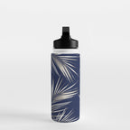 White Gold Palm Leaves on Navy Blue Water Bottle Gallery Image 3
