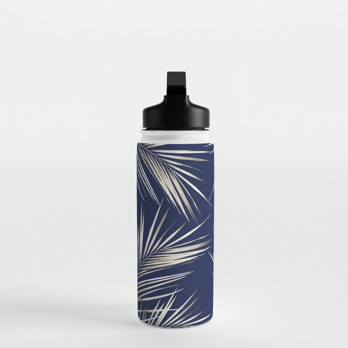 White Gold Palm Leaves on Navy Blue Water Bottle Gallery Image 3