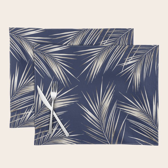 White Gold Palm Leaves on Navy Blue Placemat Gallery Image 1