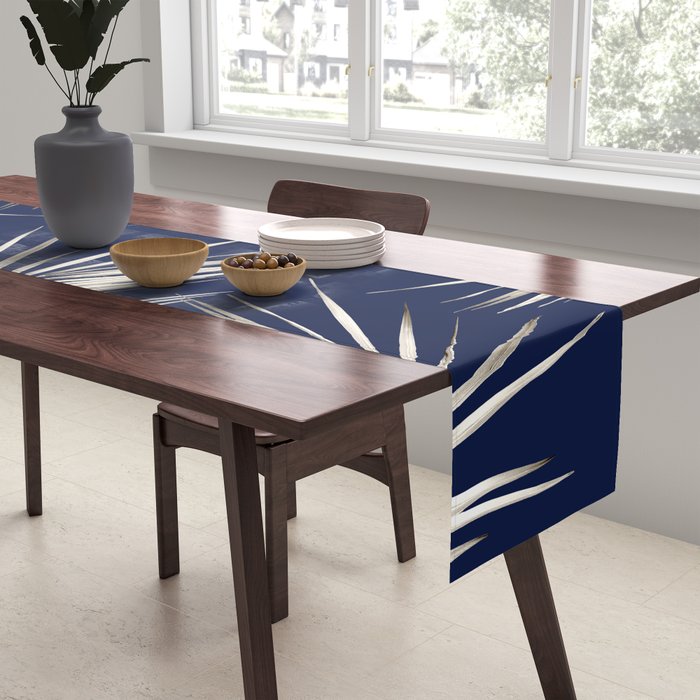 White Gold Palm Leaves on Navy Blue Table Runner Gallery Image 2