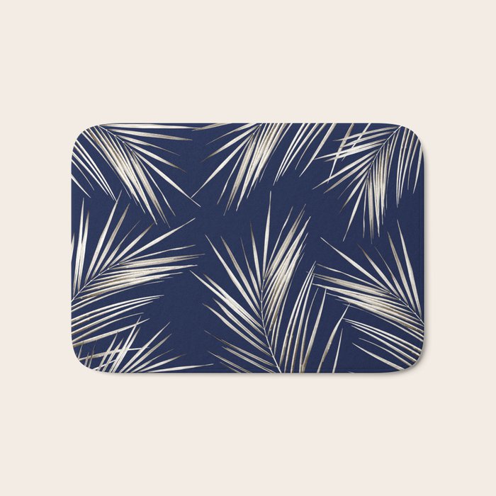 White Gold Palm Leaves on Navy Blue Bath Mat Gallery Image 1