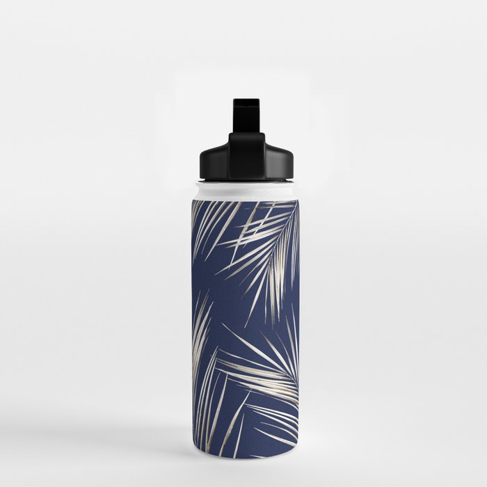White Gold Palm Leaves on Navy Blue Water Bottle Gallery Image 2
