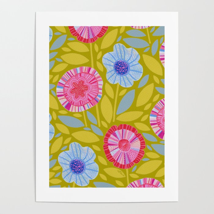Folk Floral Blossoms in Moss Green Poster Gallery Image 1