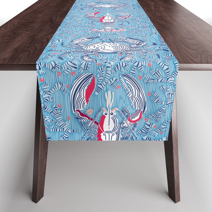 Lobster and crab coastal nostalgia summer blue Table Runner Gallery Image 1