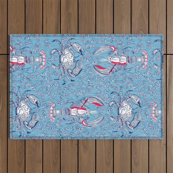 Lobster and crab coastal nostalgia summer blue Outdoor Rug Gallery Image 1