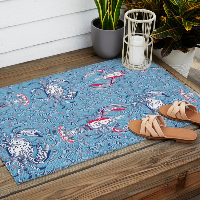 Lobster and crab coastal nostalgia summer blue Outdoor Rug Gallery Image 2