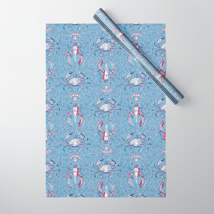 Lobster and crab coastal nostalgia summer blue Wrapping Paper Gallery Image 1