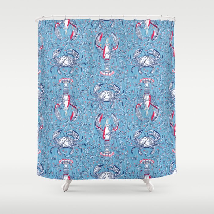 Lobster and crab coastal nostalgia summer blue Shower Curtain Gallery Image 1