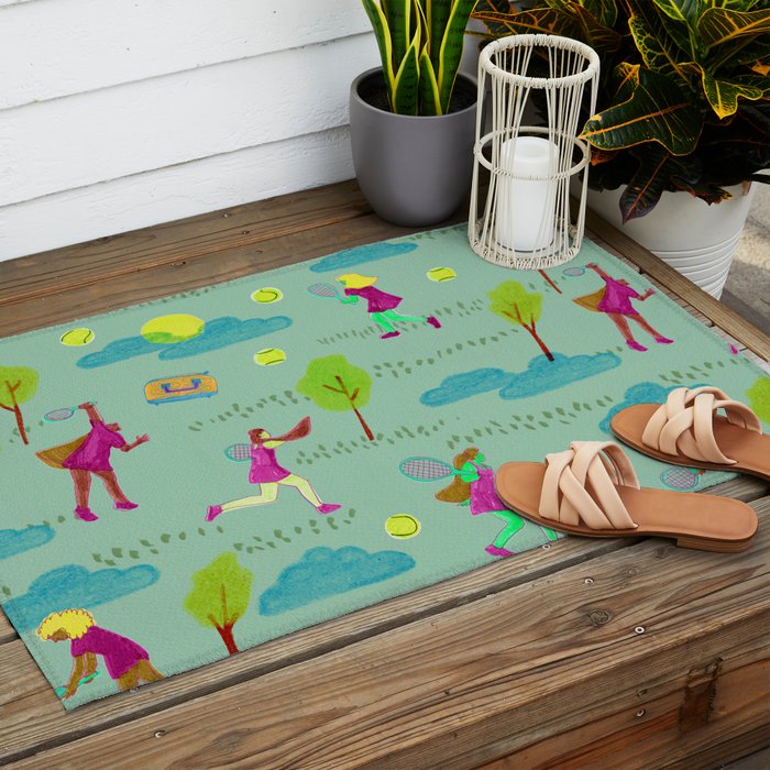 Let's Play Tennis in Soft Green Outdoor Rug Gallery Image 2
