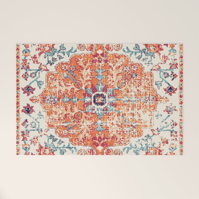 Antique Oriental Persian Burnt Orange & Aqua Welcome Mat Gallery Image 1