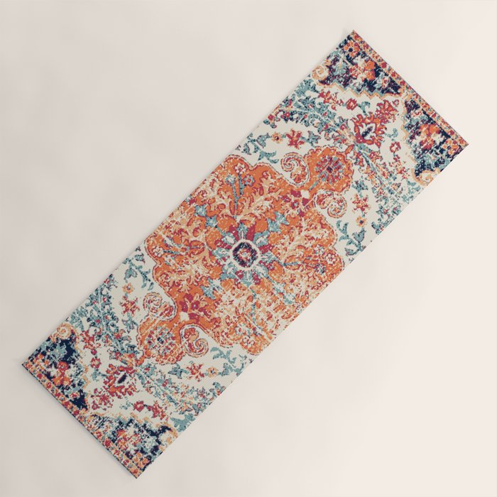 Antique Oriental Persian Burnt Orange & Aqua Yoga Mat Gallery Image 1