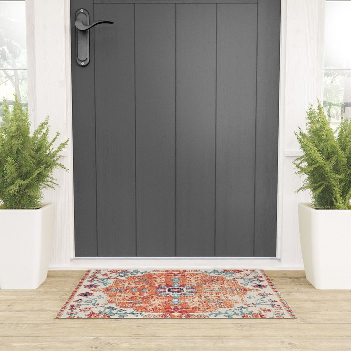 Antique Oriental Persian Burnt Orange & Aqua Welcome Mat Gallery Image 3