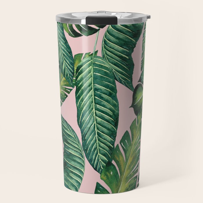 Jungle Leaves, Banana, Monstera II Pink  Travel Mug Gallery Image 1