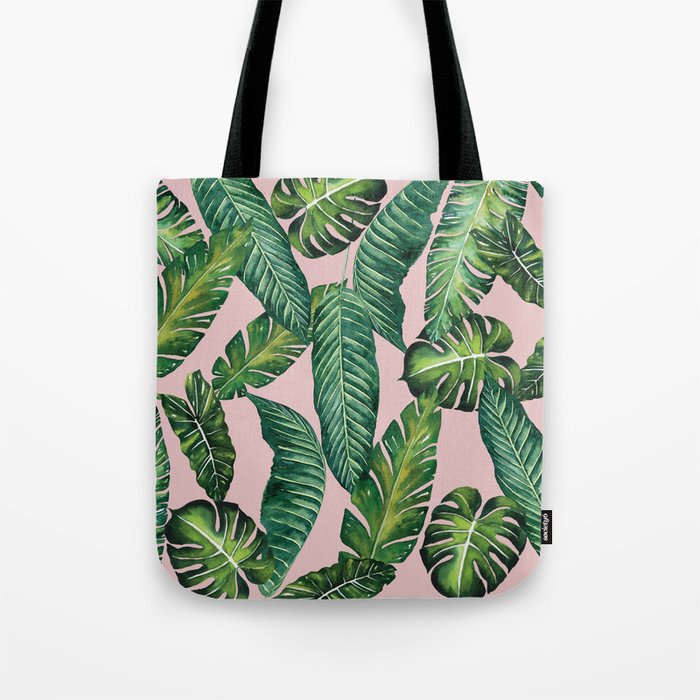 Jungle Leaves, Banana, Monstera II Pink  Tote Bag Gallery Image 1