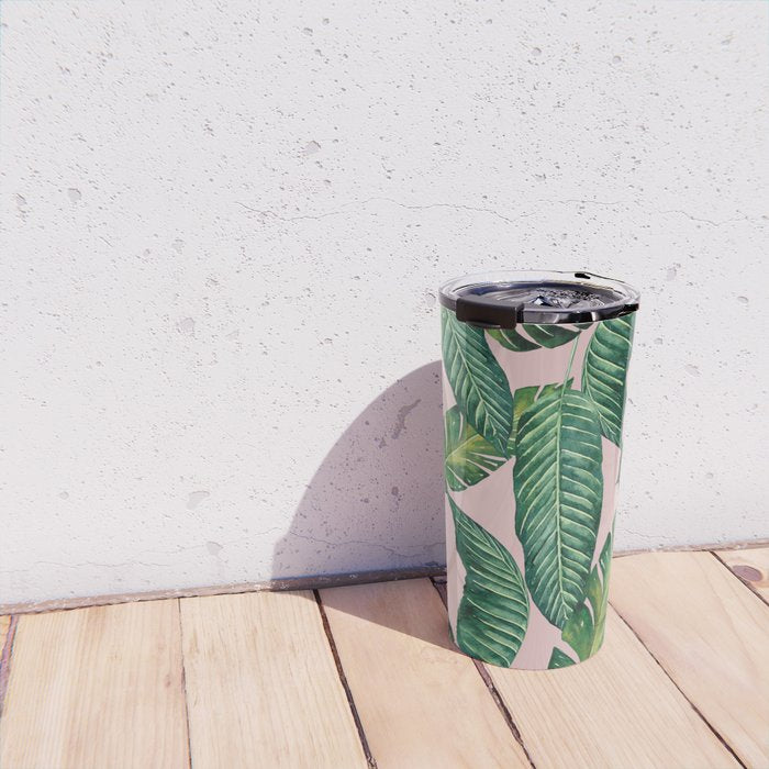 Jungle Leaves, Banana, Monstera II Pink  Travel Mug Gallery Image 4