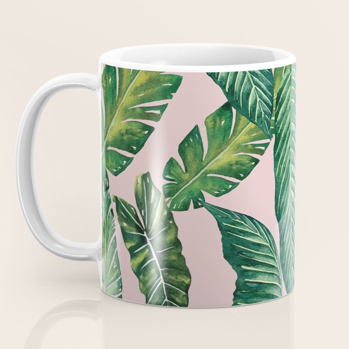 Jungle Leaves, Banana, Monstera II Pink  Coffee Mug Gallery Image 3