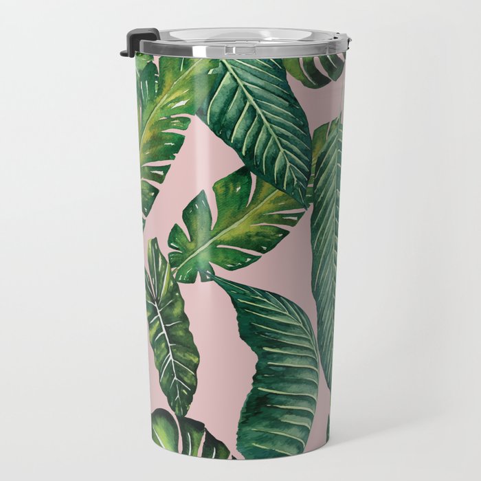 Jungle Leaves, Banana, Monstera II Pink  Travel Mug Gallery Image 3