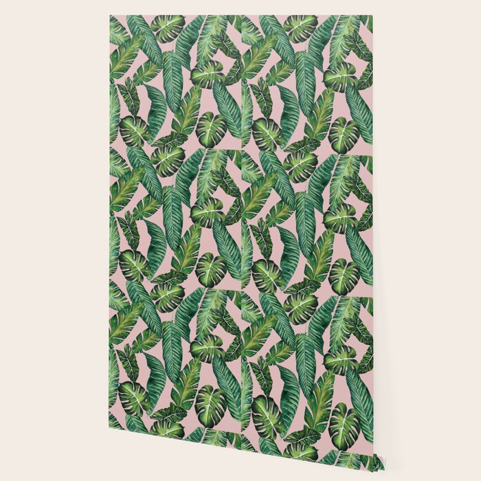 Jungle Leaves, Banana, Monstera II Pink  Wallpaper Gallery Image 2