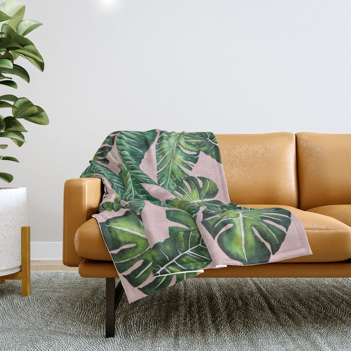 Jungle Leaves, Banana, Monstera II Pink  Throw Blanket Gallery Image 1